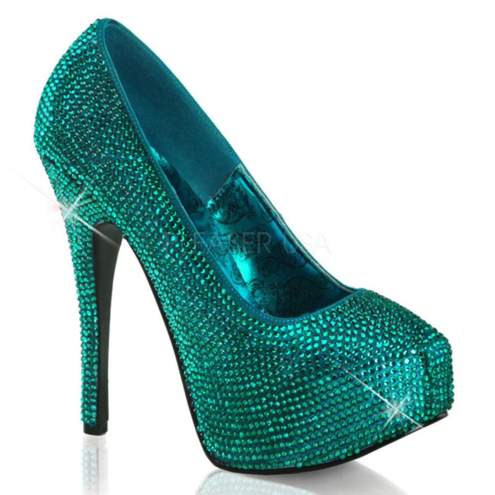 Bordello Teeze Rhinestone Platforms Turquoise Size 8